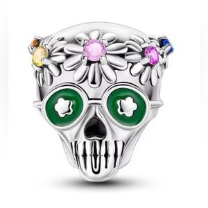 Silver Floral Colerful Skull Charm